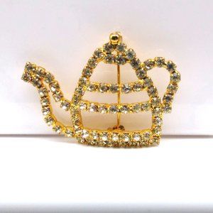 Vintage Crystal Outline Brooch, Gold Tone and Clear Teapot Lapel Pin, Whimsical